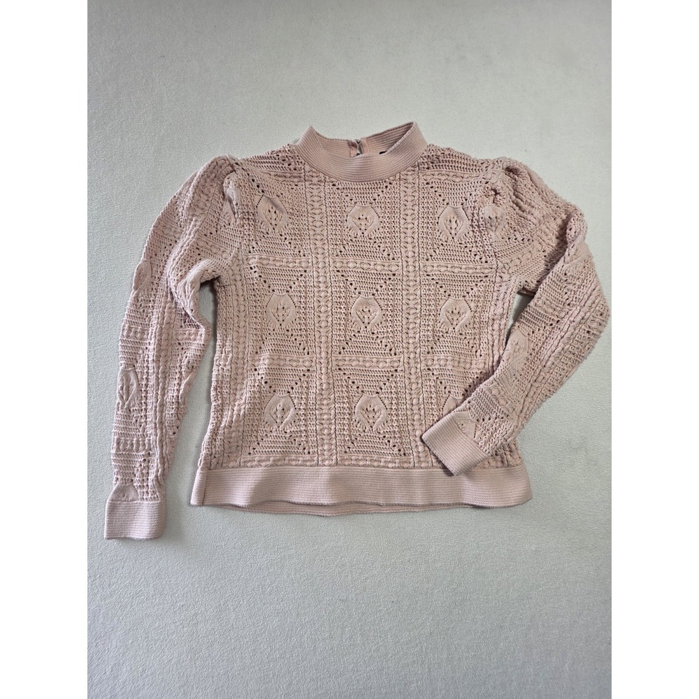 White House Black Market Sweater Women L Blush Pink Crochet Open Knit Puff...